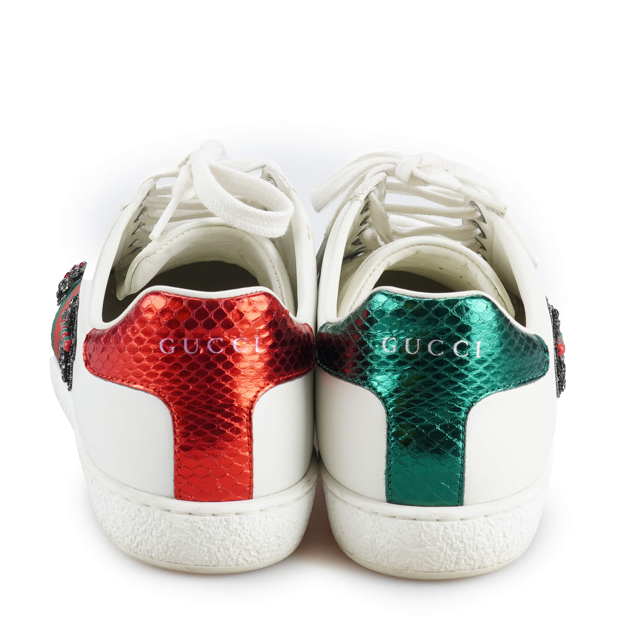 Gucci  - White Leather Ace Web Heart Detail Lace Up Sneakers